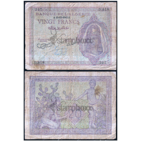 ALGERIA 20 FRANCS 1943 P-92 USED GRADE 418