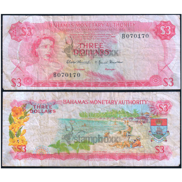 BAHAMAS 3 DOLLAR 1968 P-28 USED GRADE SERIAL 0170