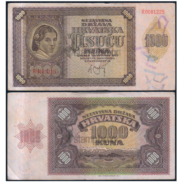 CROATIA 1000 KUNA 1941 P-4 USED GRADE SERIAL 1225