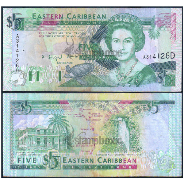 DOMINICA - EAST CARIBBEAN STATES 5 DOLLARS 1993 P-26d USED GRADE
