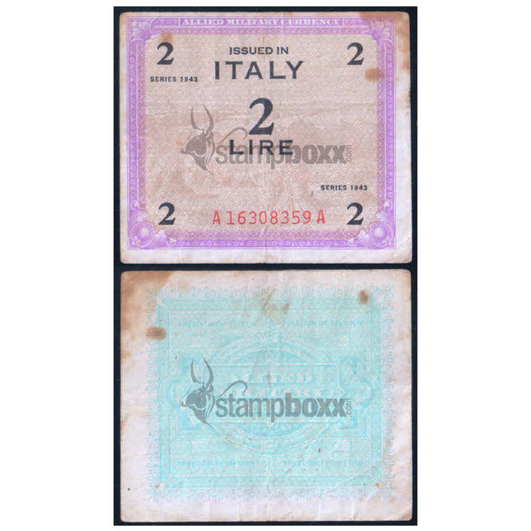 ITALY 2 LIRE 1943 P-M11 USED GRADE SERIAL 8359