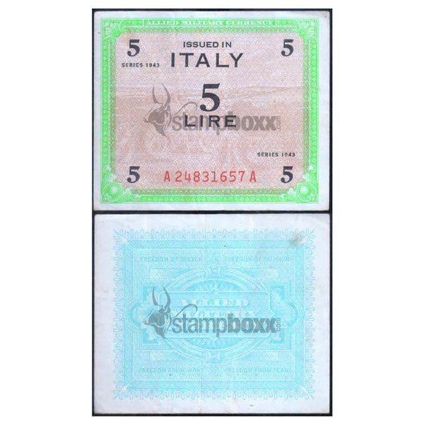 ITALY MILITARY ISSUE 5 LIRA 1943 P-M12 USED GRADE