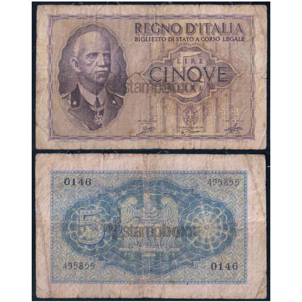 ITALY 5 LIRE 1940-44 P-28 USED GRADE SERIAL 5855