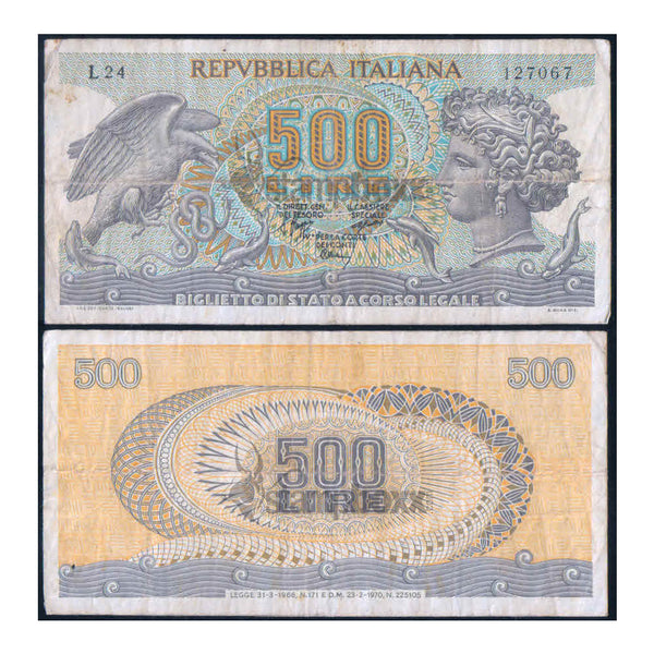 ITALY 500 LIRE 1966-75 P-93 USED GRADE SERIAL 7067