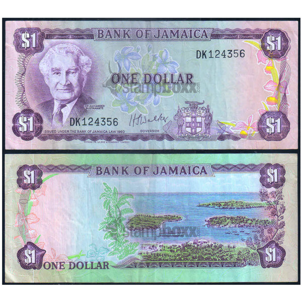 JAMAICA 1 DOLLAR 1960 (1976) P-59b USED GRADE SERIAL 4356