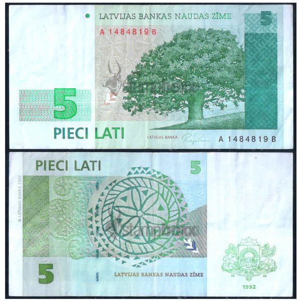 LATVIA 5 LATI 1992 P-43 USED GRADE SERIAL 4819