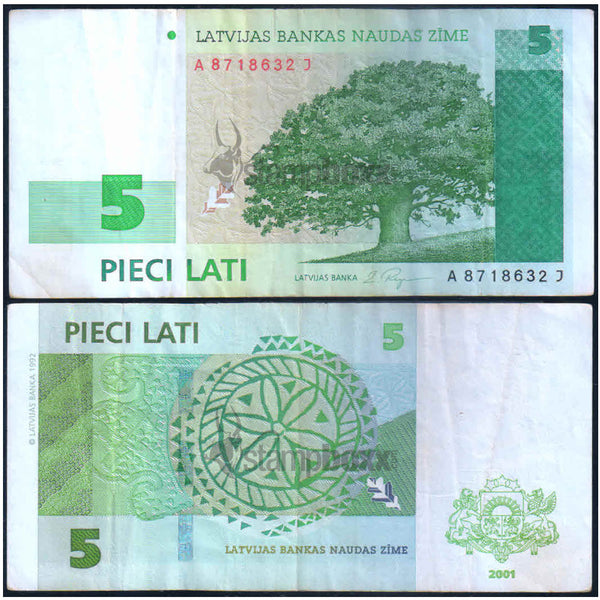 LATVIA 5 LATI 2001 P-49b USED GRADE SERIAL 8632