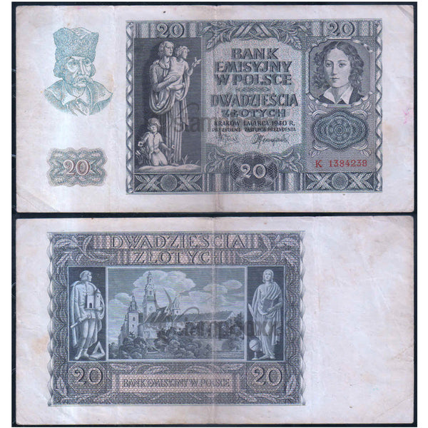 POLAND 20 ZLOTYCH 1940 P-95 USED - LARGE SIZE