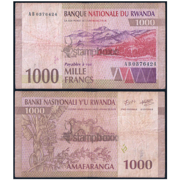 RWANDA 1000 FRANCS 1994 P-24 USED GRADE SERIAL 6424