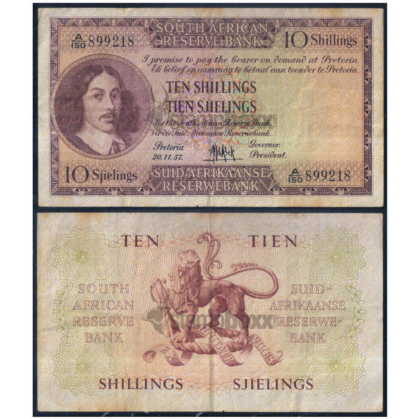 SOUTH AFRICA 10 SHILLINGS 1957 P-90 USED GRADE SERIAL 9218