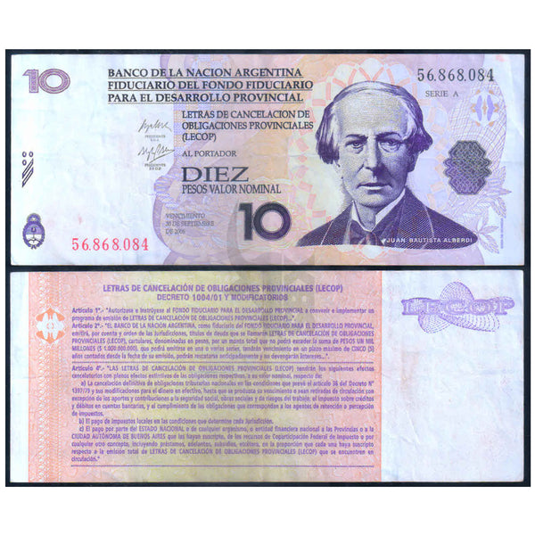 ARGENTINA 10 PESOS 2006 P-NL USED GRADE