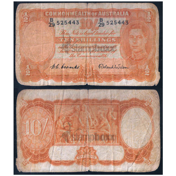 AUSTRALIA 10 SHILLINGS (½ POUND) 1939-52 P-25d POOR GRADE