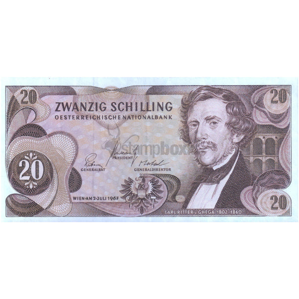 AUSTRIA 20 SHILLINGS 1967 aUNC (MIDDLE FOLD)