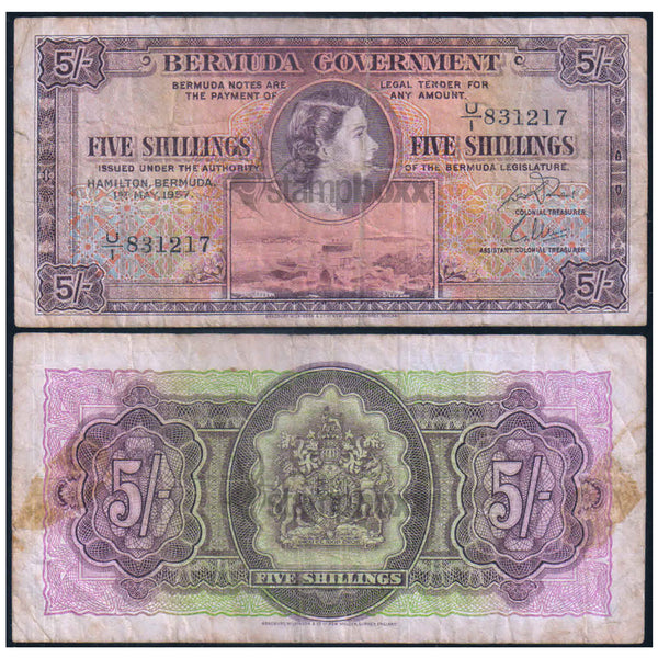 BERMUDA 5 SHILLING 1957 P-18b USED RARE