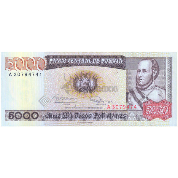 BOLIVIA 5000 PESOS BOLIVIANOS 1984 P-168 UNC