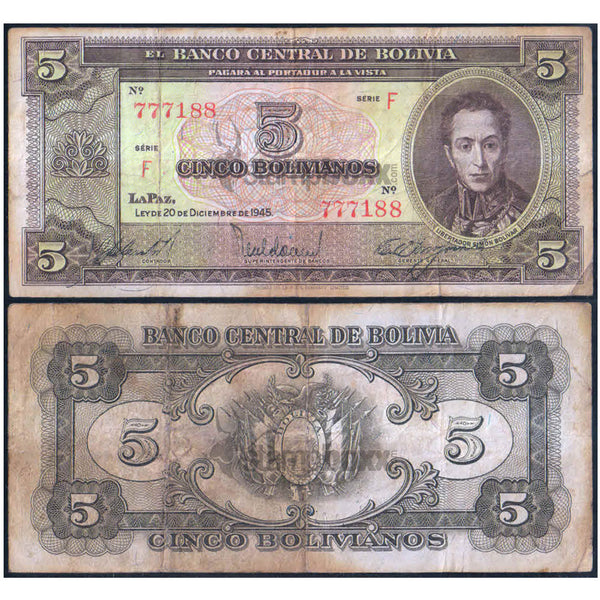 BOLIVIA 5 BOLIVIANO 1945 P-138 USED GRADE