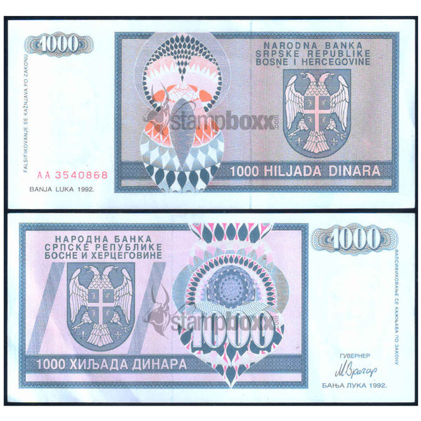 BOSNIA & HERZEGOVINA - SERBIAN REP., 1000 DINARS 1992 P-137 XF GRADE