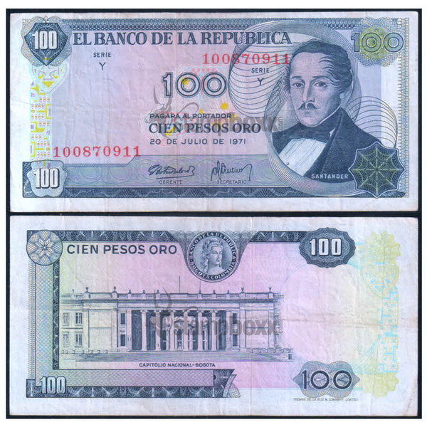 COLOMBIA 100 PESOS 1968-71 P-410 USED GRADE