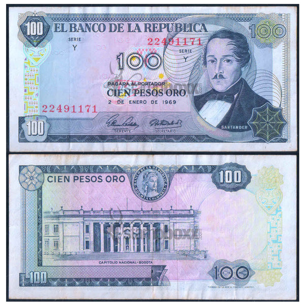 COLOMBIA 100 PESOS 1968-71 P-410 USED GRADE