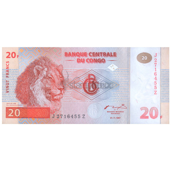 CONGO DEMOCRATIC REPUBLIC 20 FRANCS 1997 P-88A UNC