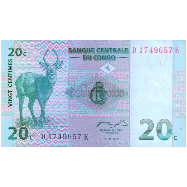 CONGO DEMOCRATIC REPUBLIC 20 CENTIMES 1997 P-83 UNC