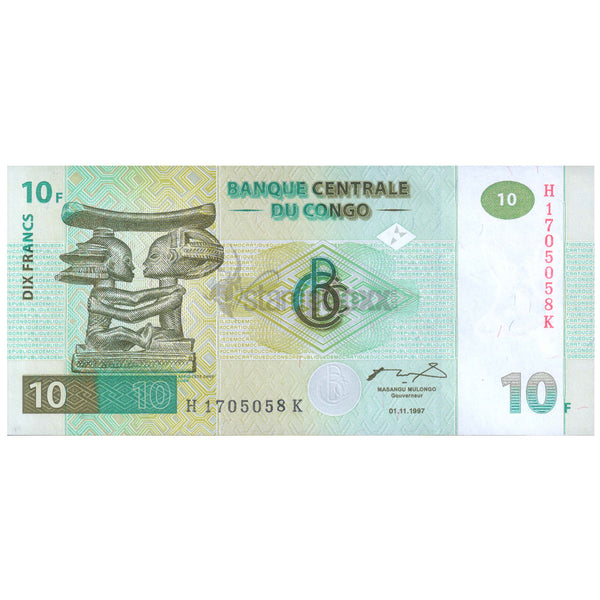 CONGO DEMOCRATIC REPUBLIC 10 FRANCS 1997 P-87B UNC
