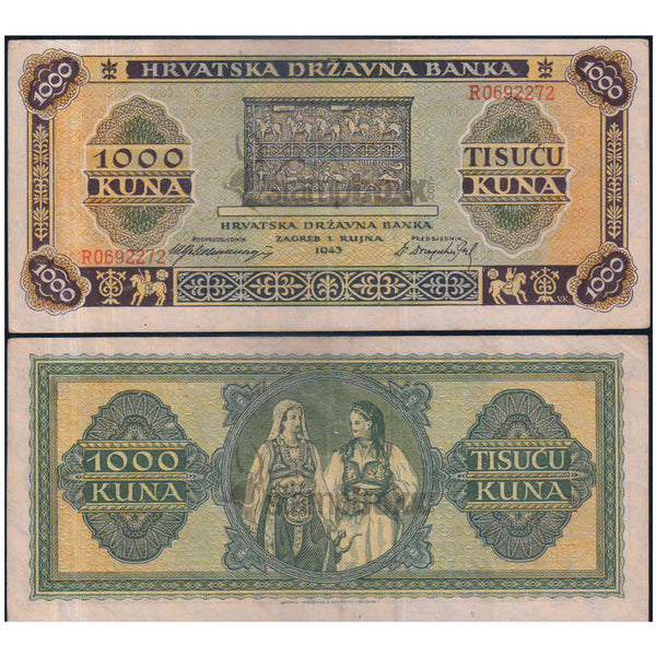 CROATIA 1000 KUNA 1943 P-12 XF (MIDDLE FOLD)