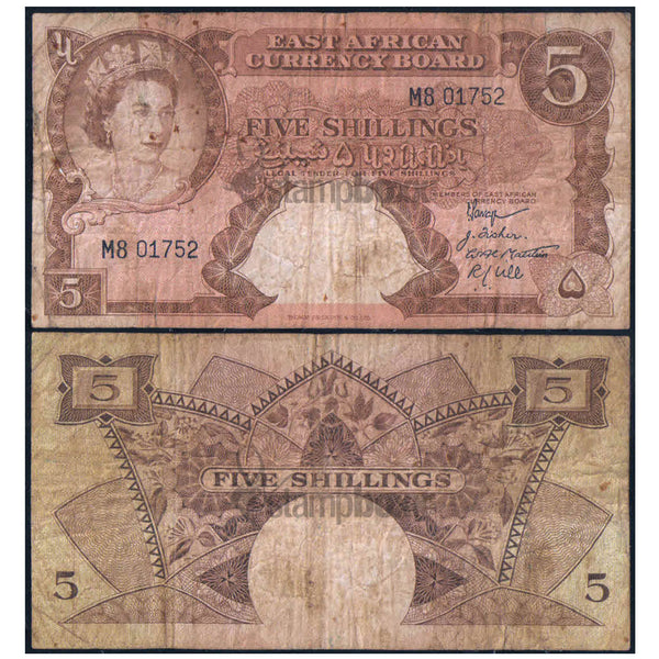 EAST AFRICA 5 SHILLINGS 1958-60 P-37 USED GRADE SERIAL 1752