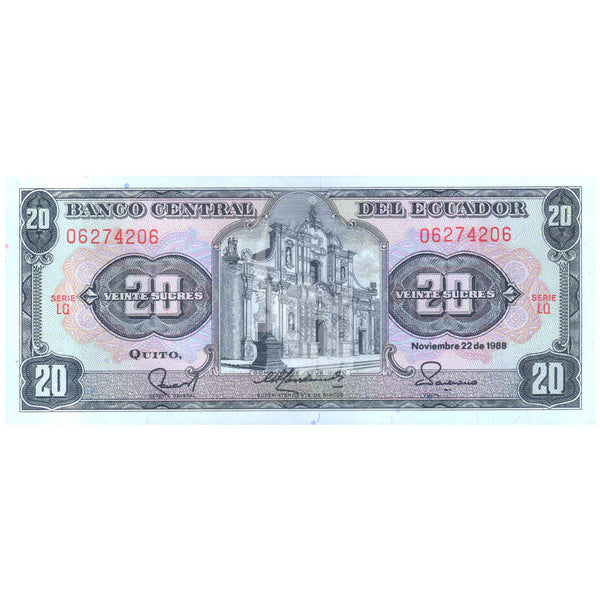 ECUADOR 20 SUCRES 1988 P-121A UNC