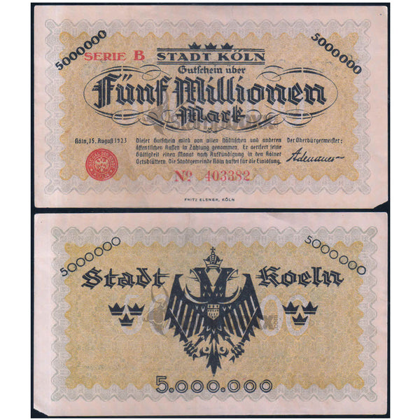 GERMANY NOTEGELT 500000 & 5000000 MARKS 2 NOTES XF
