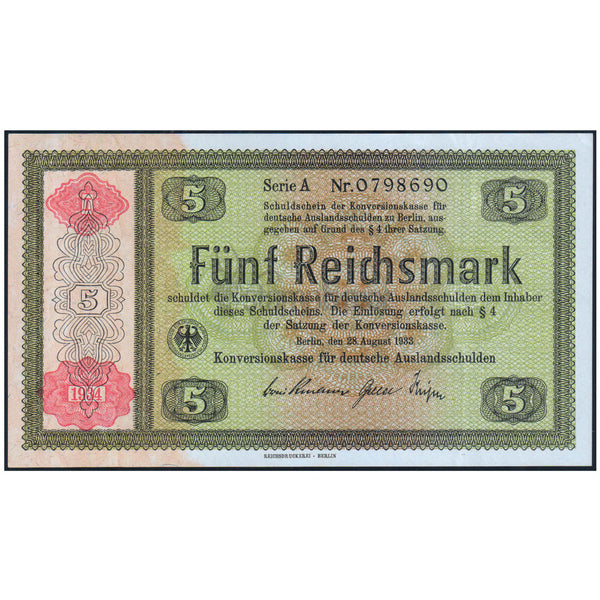 GERMANY 5 REICHMARKS 1934 P-207 UNC OVERPRINT (SMALL SCRATCH ON BACK)