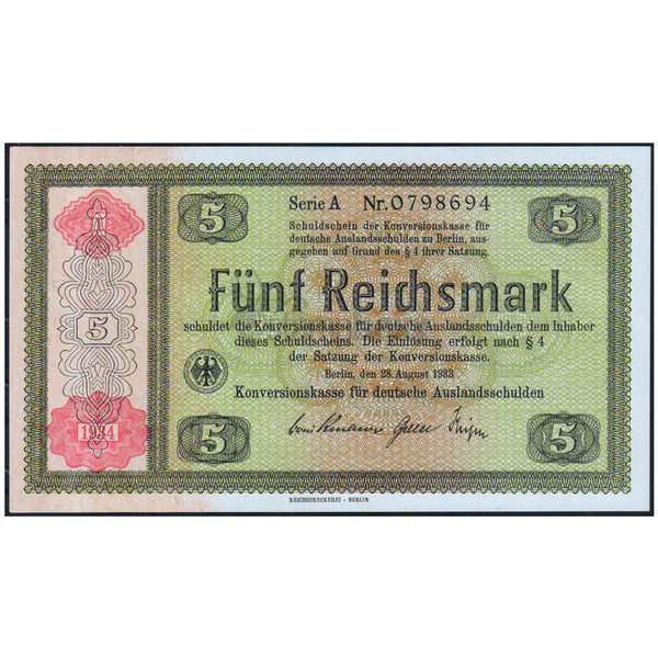 GERMANY 5 REICHMARKS 1934 P-207 UNC OVERPRINT