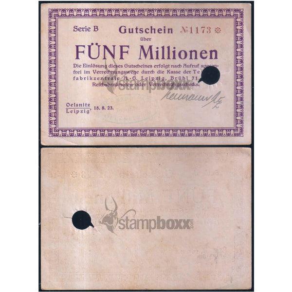 GERMANY NOTEGELT 1 & 5 MILLION MARKS PAIR OF 2 NOTES XF