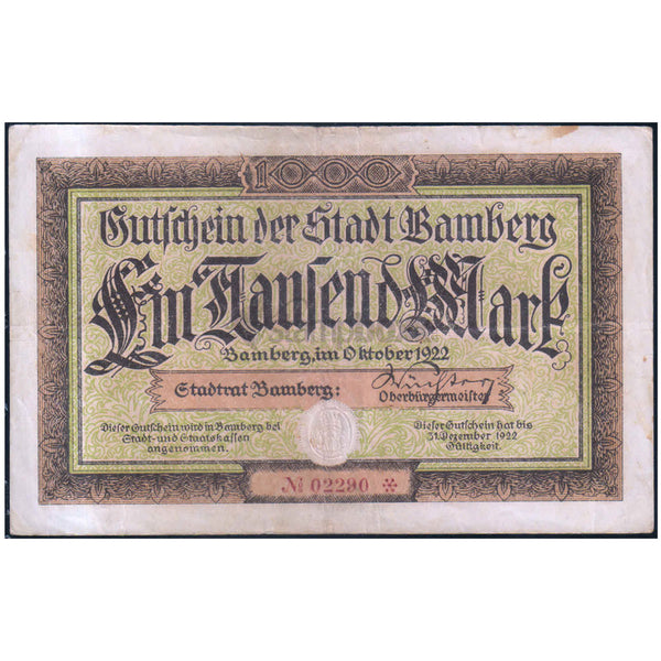 GERMANY - BAMBERG 1000 MARKS 1922 USED - LARGE SIZE