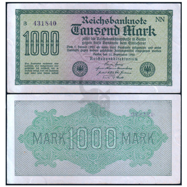 GERMANY - REICHSBANK 1000 MARK 1922 P-76 XF GRADE