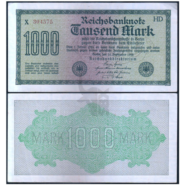 GERMANY - REICHSBANK 1000 MARK 1922 P-76 XF GRADE