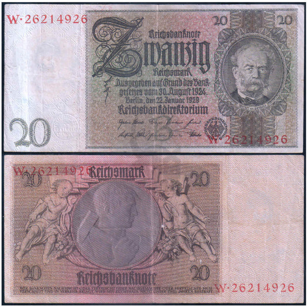 GERMANY - REICHSBANK 20 MARK 1929 P-181 USED GRADE