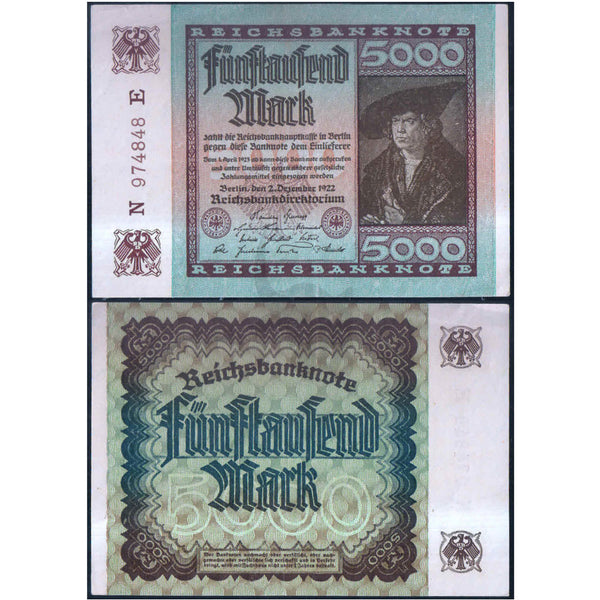 GERMANY - REICHSBANK 5000 MARK 1922 P-81 aUNC GRADE