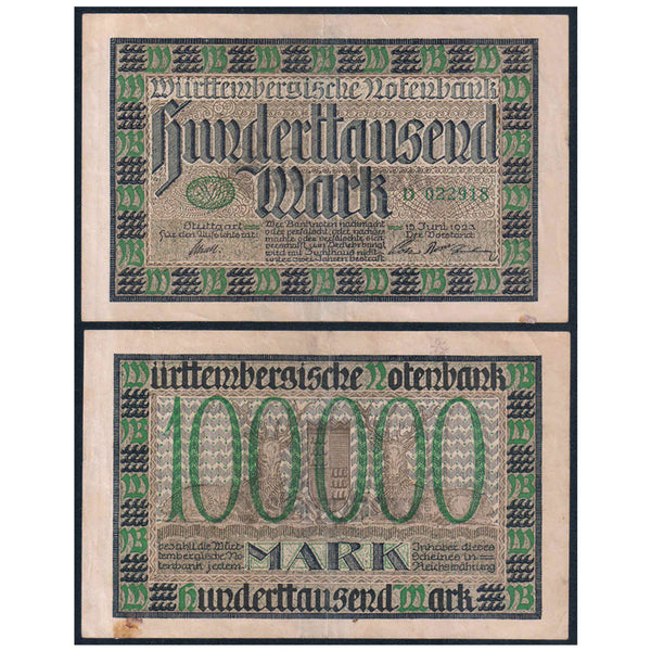 GERMANY - WURTTEMBERG STATE 100000 MARKS 1923 P-S985 USED