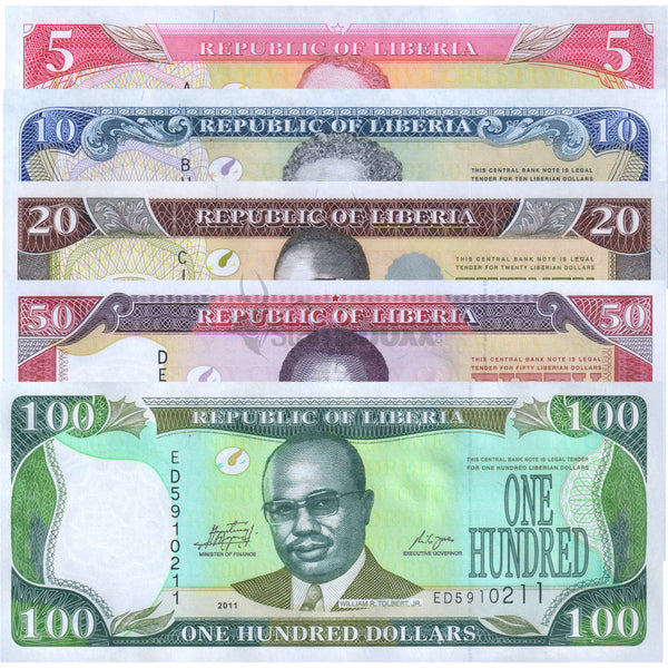 LIBERIA 5-10-20-50-100 DOLLARS 2003 - 2011 COMPLETE SET