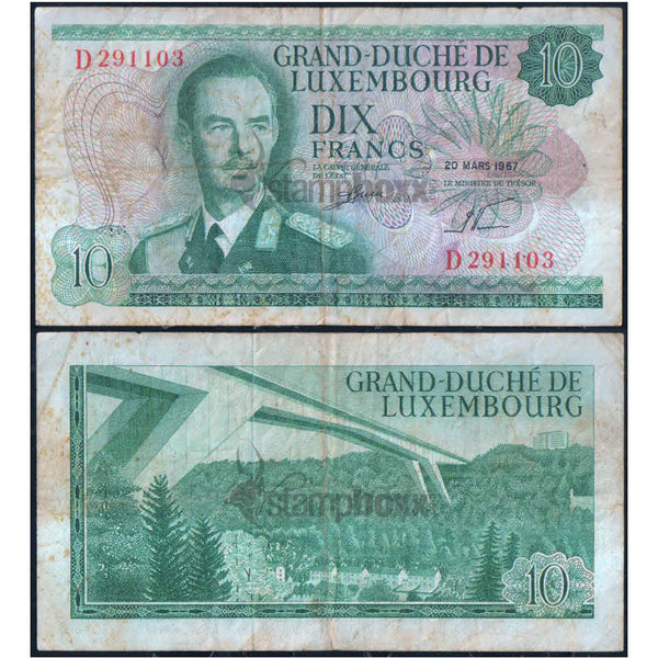 LUXEMBOURG 10 FRANCS 1967 P-53 USED GRADE