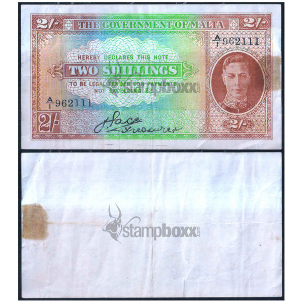 MALTA 2 SHILLING 1942 P-17 USED GRADE (TAPE MARK)