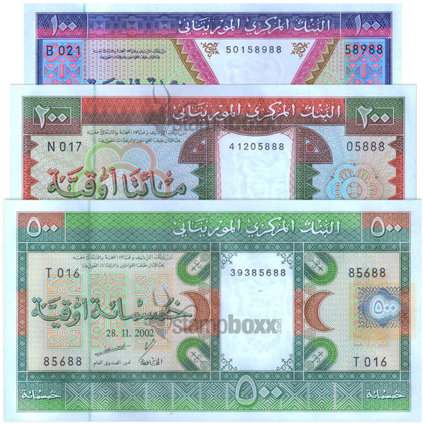 MAURITANIA 100-200-500 OUGUIYA 2002 P-4k, 5j & 6i 3x UNC