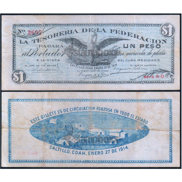 MEXICO 1 PESO 1914 P-S645 USED