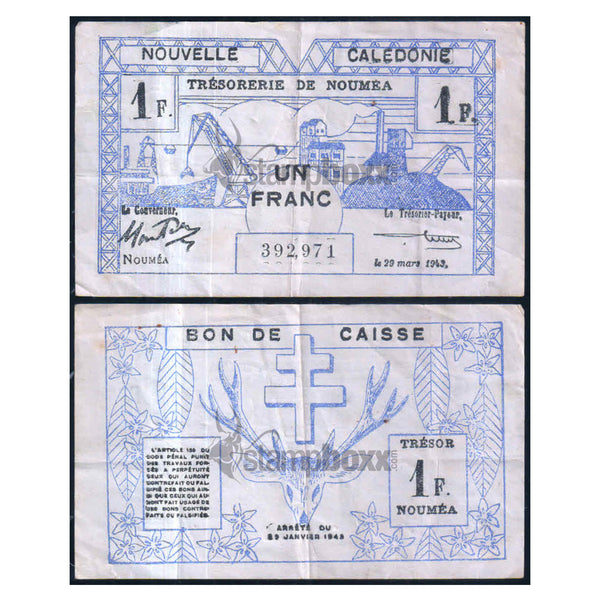 NEW CALEDONIA 1 FRANC 1943 P-52 USED GRADE