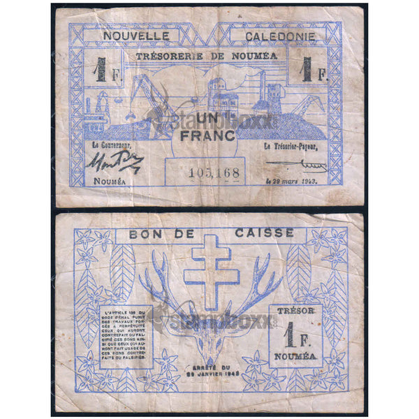 NEW CALEDONIA 1 FRANC 1943 P-52 USED GRADE