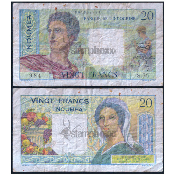 NEW CALEDONIA 20 FRANCS 1951-1963 P-50a USED GRADE