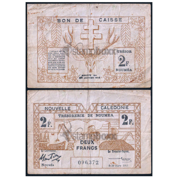 NEW CALEDONIA 2 FRANCS 1943 P-56 USED GRADE
