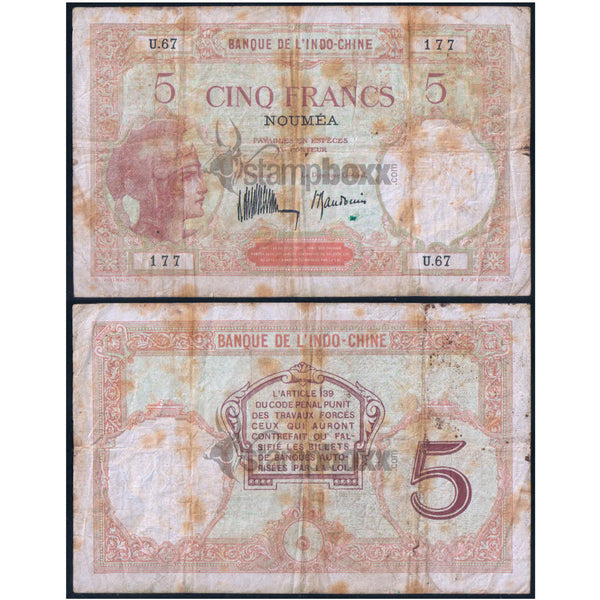 NEW CALEDONIA 5 FRANCS 1926 P-36b(2) USED GRADE