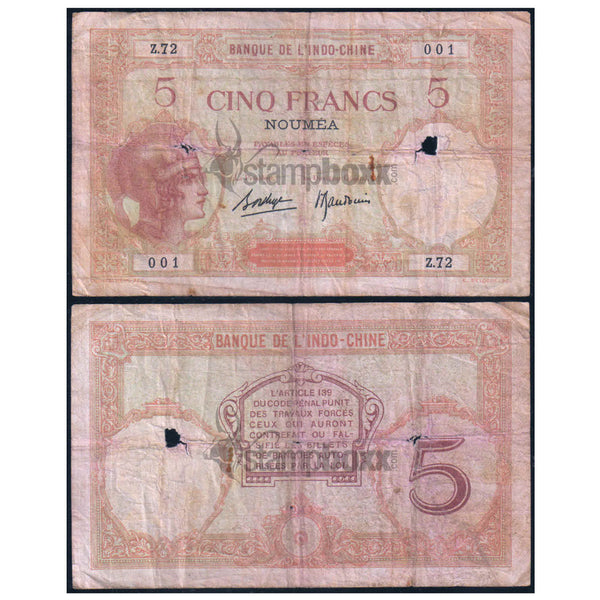 NEW CALEDONIA 5 FRANCS 1926 P-36b(2) USED DAMAGED